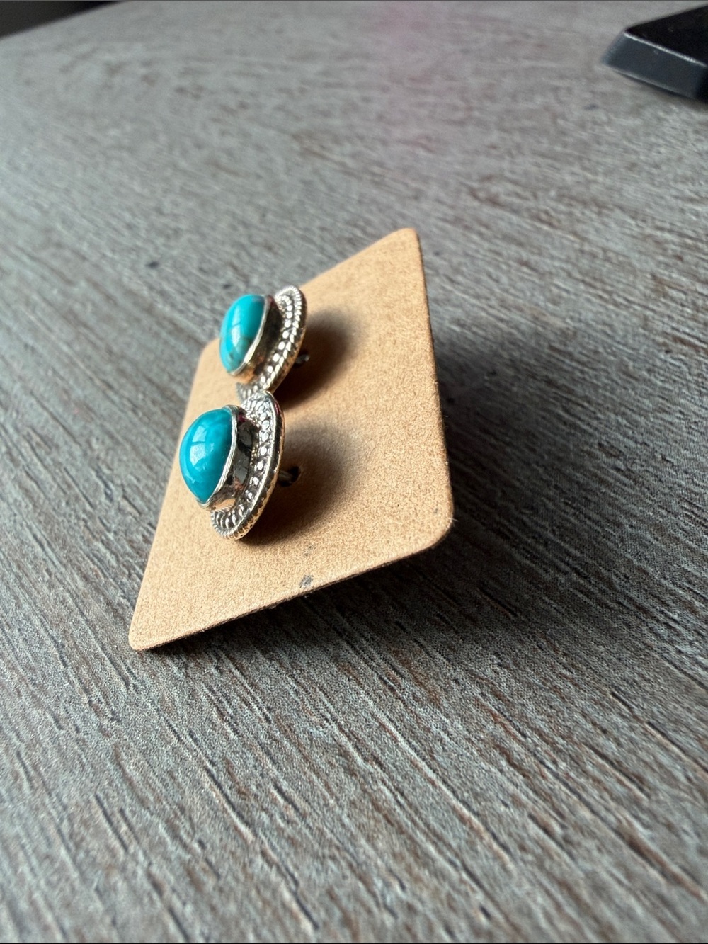 Turquoise Oval Stone Silver-Trim Stud Earrings - Women Jewelry - Picture 4 of 4